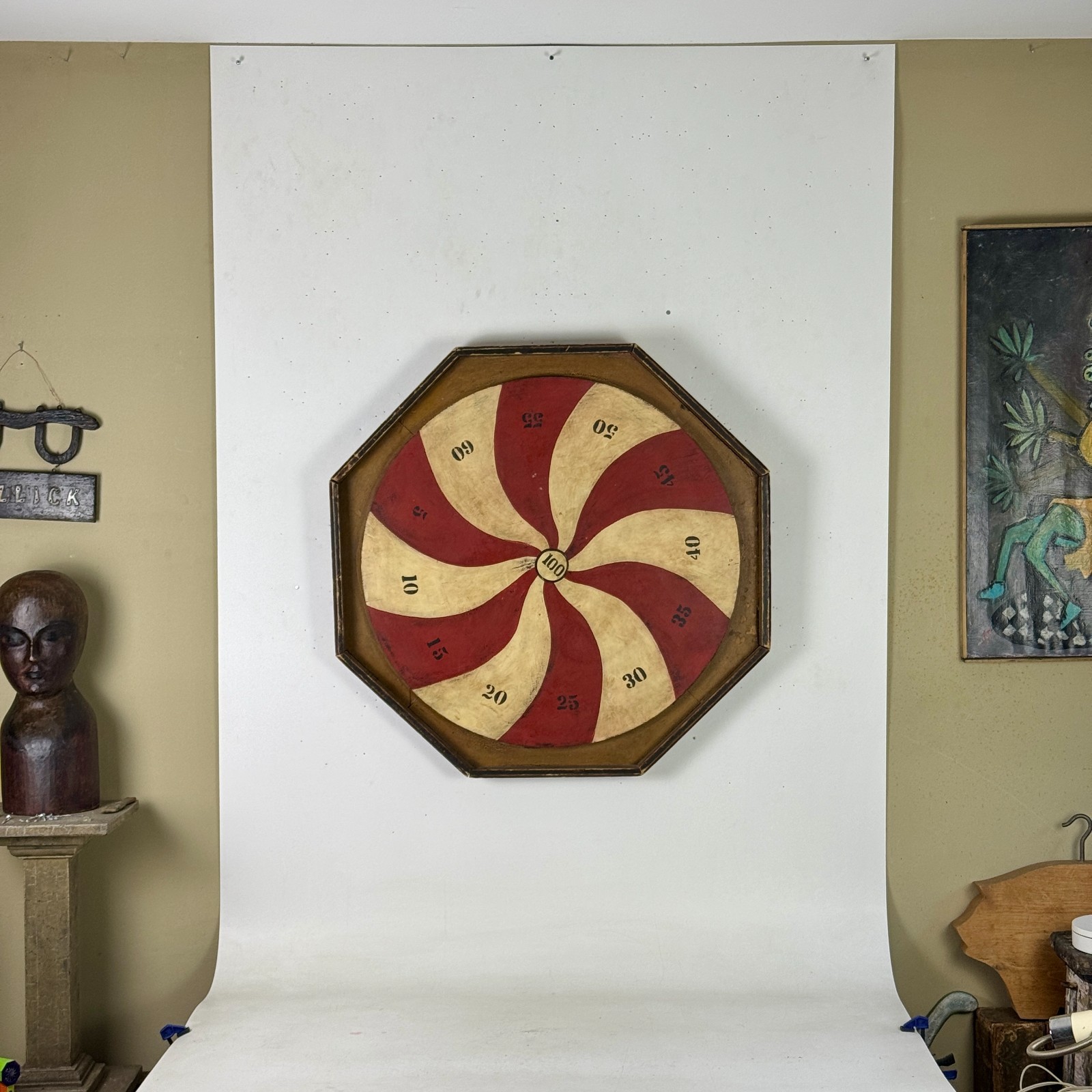 Marvelous Vintage American Folk Art Penny Pitch Wood Game Board In Swirl Design Marvelous Vintage American Folk Art Penny Pitch Wood Game Board In Swirl Design