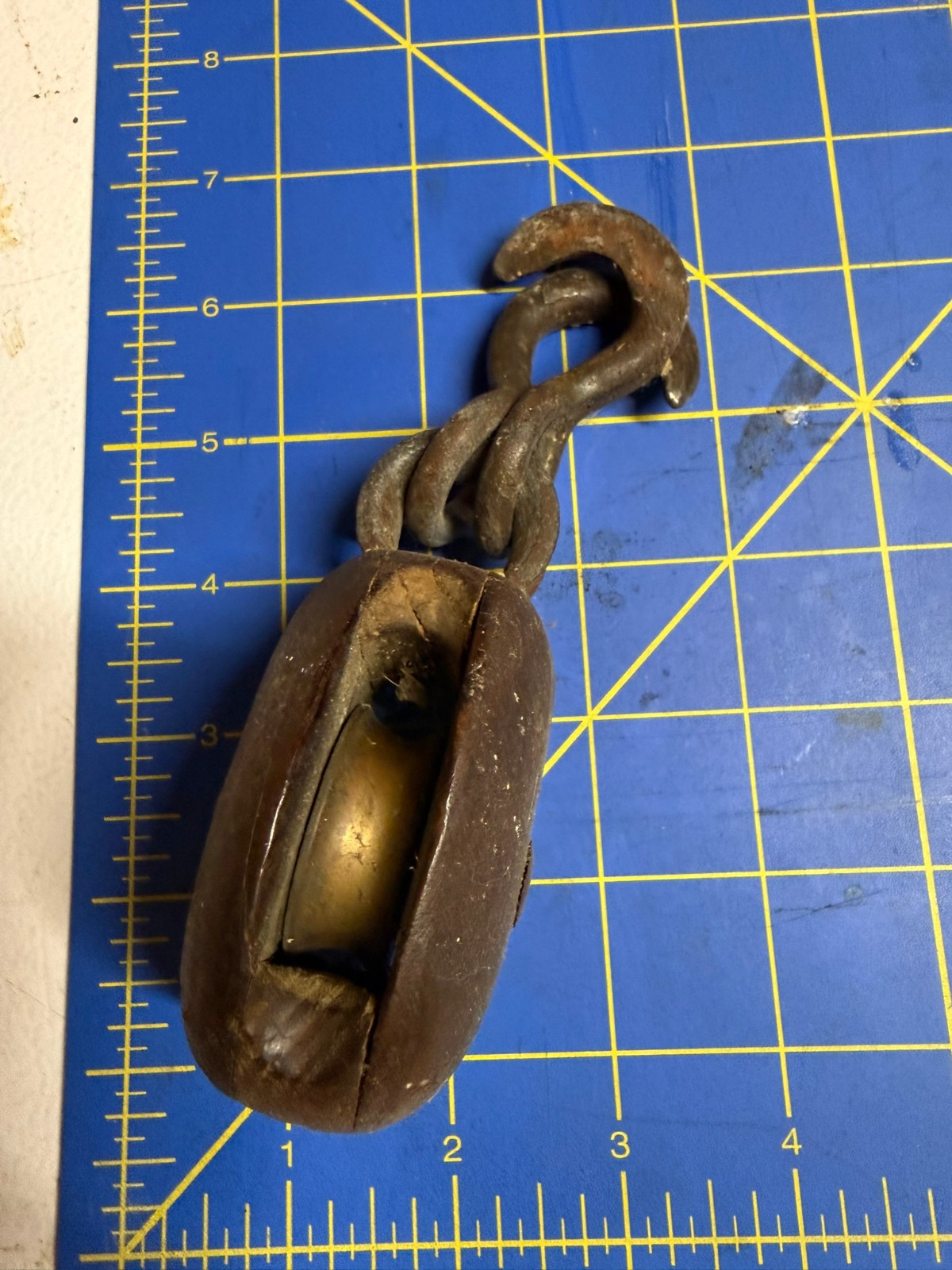 Antique Wooden Shell Block Hand-Forged Iron Hook Brass Sheave Nautical Antique Wooden Shell Block Hand-Forged Iron Hook Brass Sheave Nautical