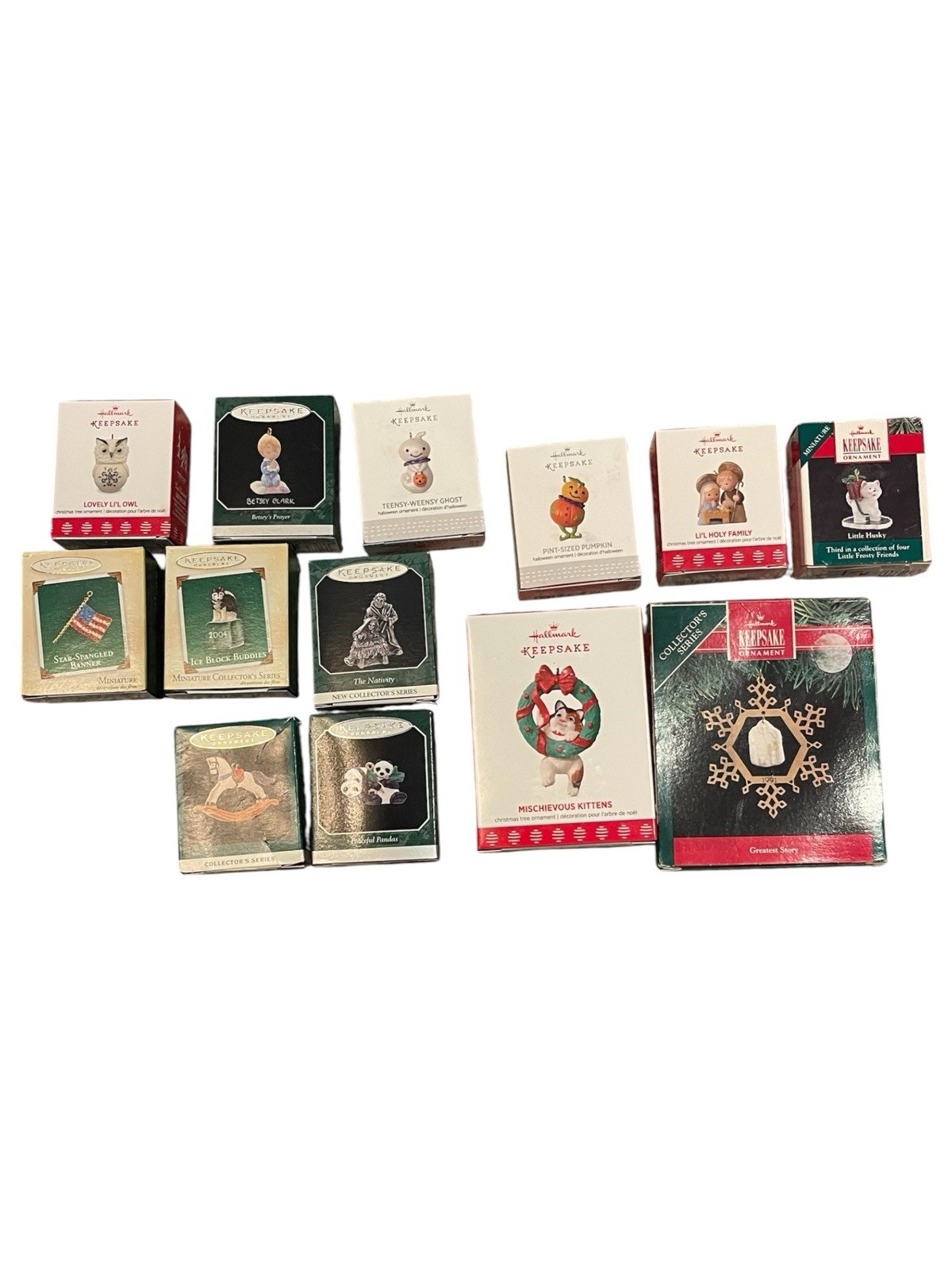 Lot 12 Hallmark Keepsake Miniature Ornaments Kittens Ghost Nativity Pandas Owl