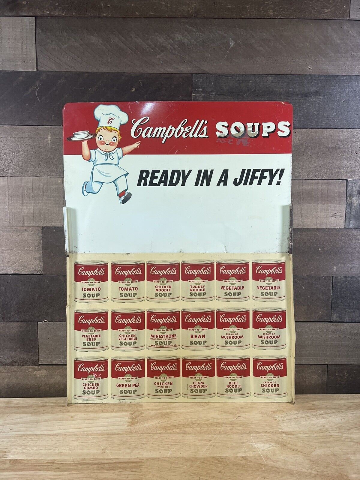 Vintage Campbell’s Soups Ready In A Jiffy 2 Piece Metal Sign 