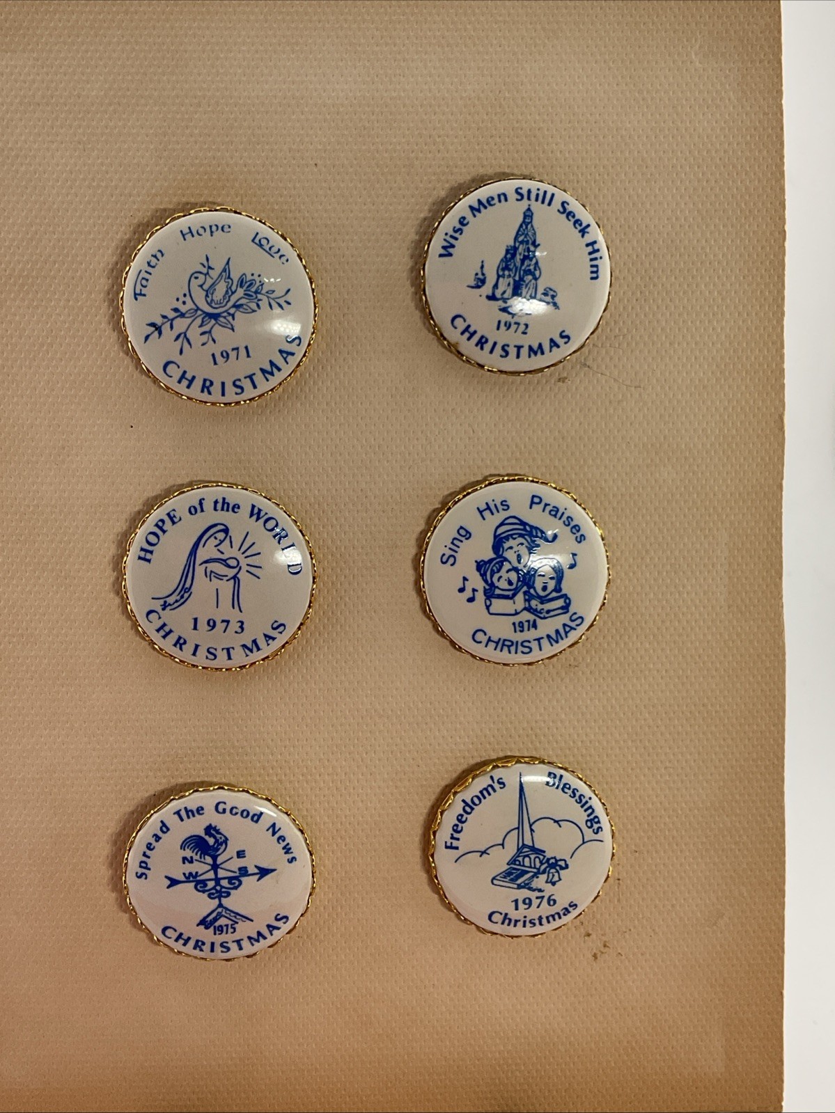 Vintage Porcelain Christmas Buttons 1971-1976 Complete Set Religious Pictorial 