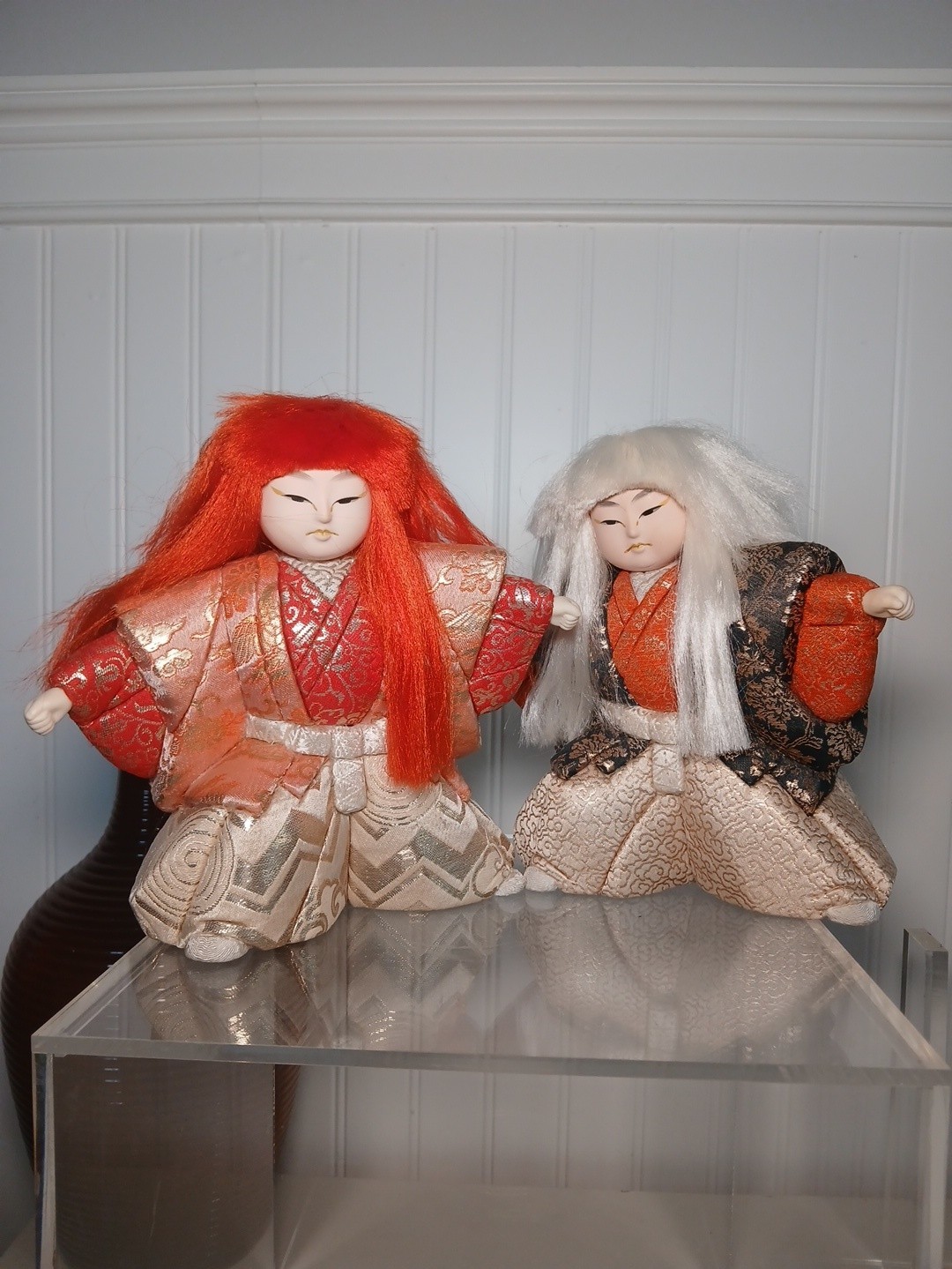 Vtg Japanese Kimekomi Dolls Pair Kabuki Renjishi Lion Dancer Brocade Silk 8\ Vtg Japanese Kimekomi Dolls Pair Kabuki Renjishi Lion Dancer Brocade Silk 8\