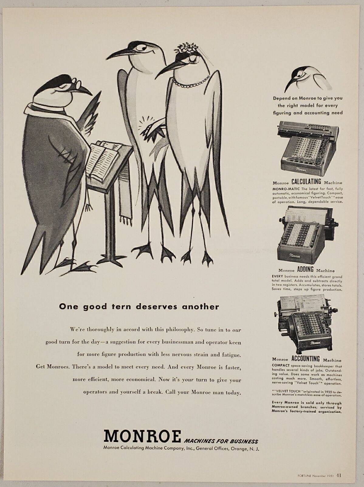 1951 Print Ad Monroe Business Machines Terns Get Married Cartoon Orange,NJ