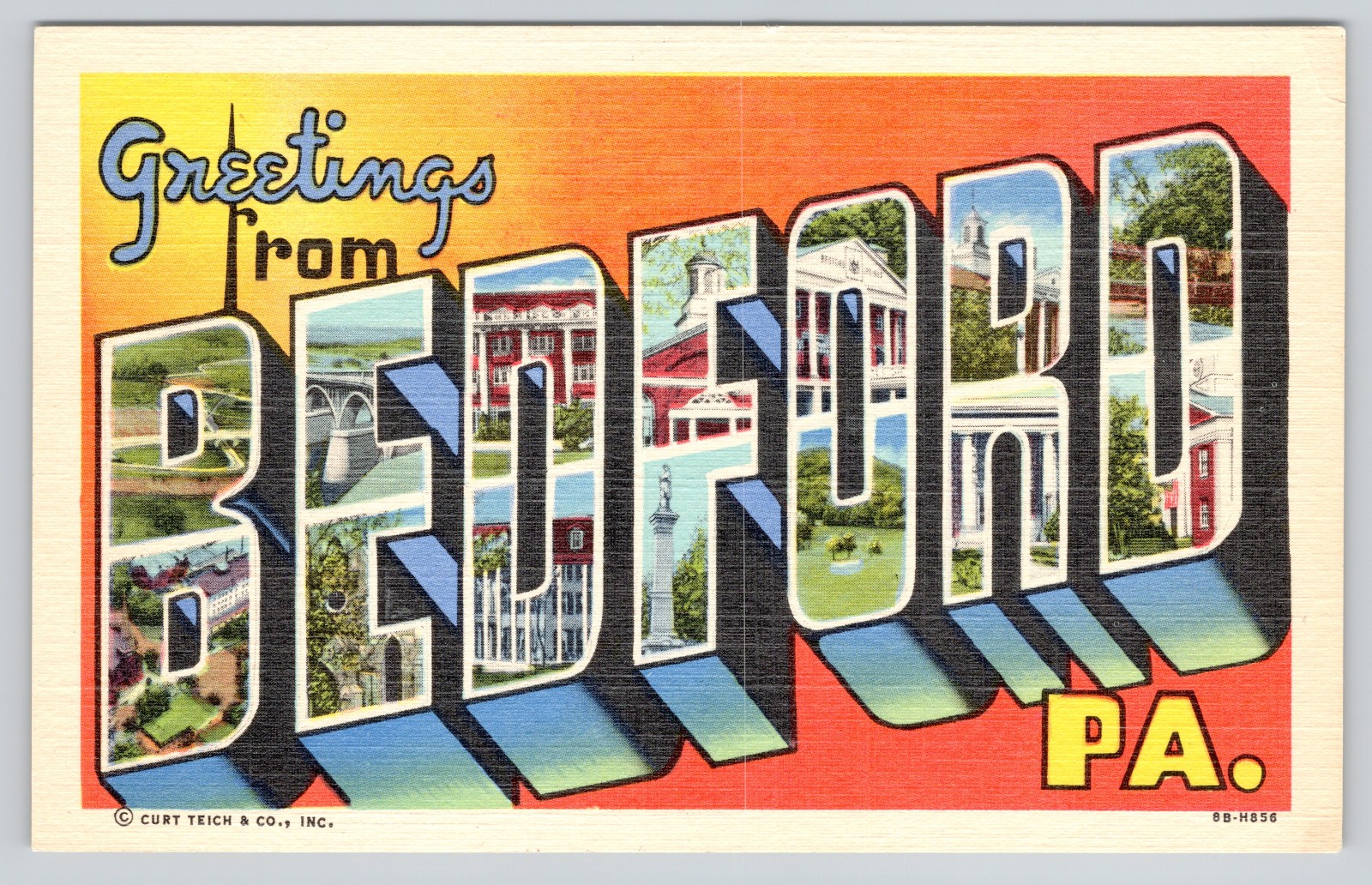 Bedford PA Postcard Greetings From Pennsylvania LARGE LETTER Multi View Curteich Bedford PA Postcard Greetings From Pennsylvania LARGE LETTER Multi View Curteich