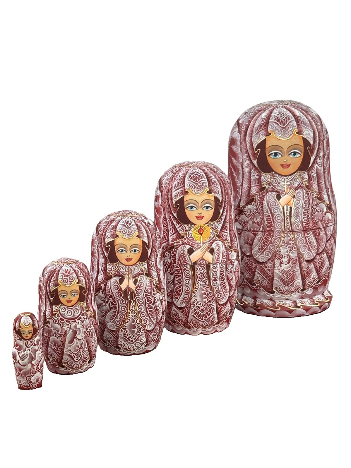 Filatova Signed Russian Nesting Dolls 5pc Angel Burgundy Lace Cross Candle 6.6in