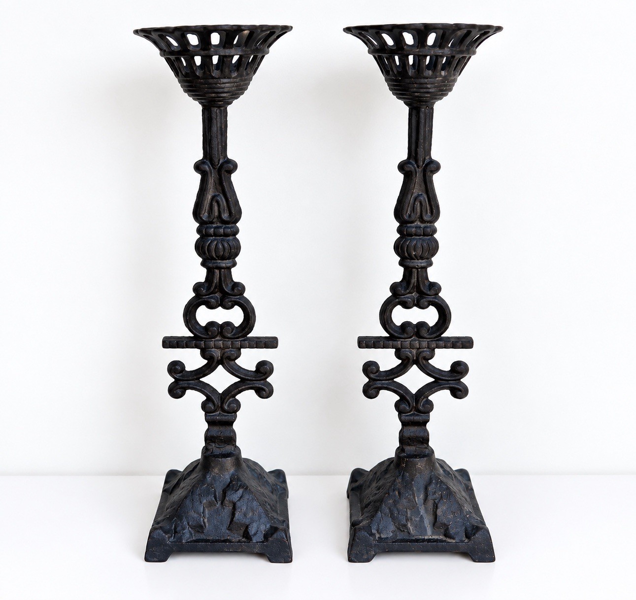 Lot of 2 Vintage Ornate Cast Iron Gothic Candlesticks Candle Holders