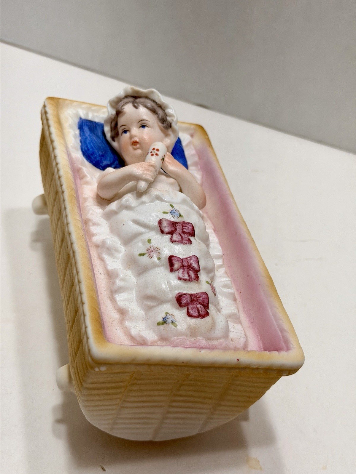 Rare Vintage Bisque Baby in Cradle With Original Box