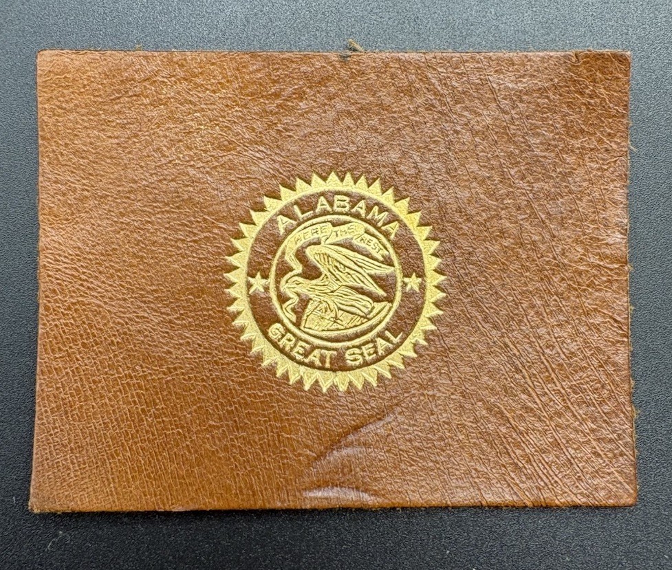c1910 L23 Alabama Great State Seal Tobacco Leather Brown Gold 2x2.5 Antique