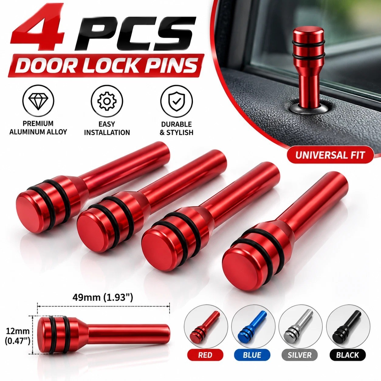 Car Door Lock Pull Pins Universal Aluminum Interior Door Knob Rods 2Pcs Red Car Door Lock Pull Pins Universal Aluminum Interior Door Knob Rods 2Pcs Red