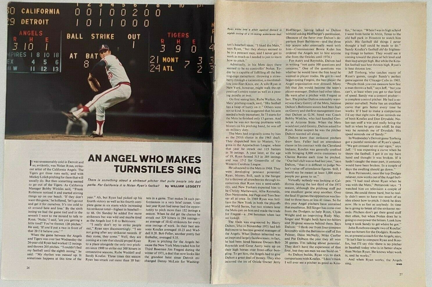 Nolan Ryan's Fastball California Angels Vintage 1973 Magazine Photo