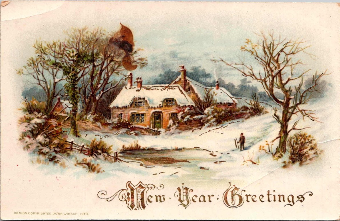 Snowy House Scene New Year Greetings Postcard Snowy House Scene New Year Greetings Postcard