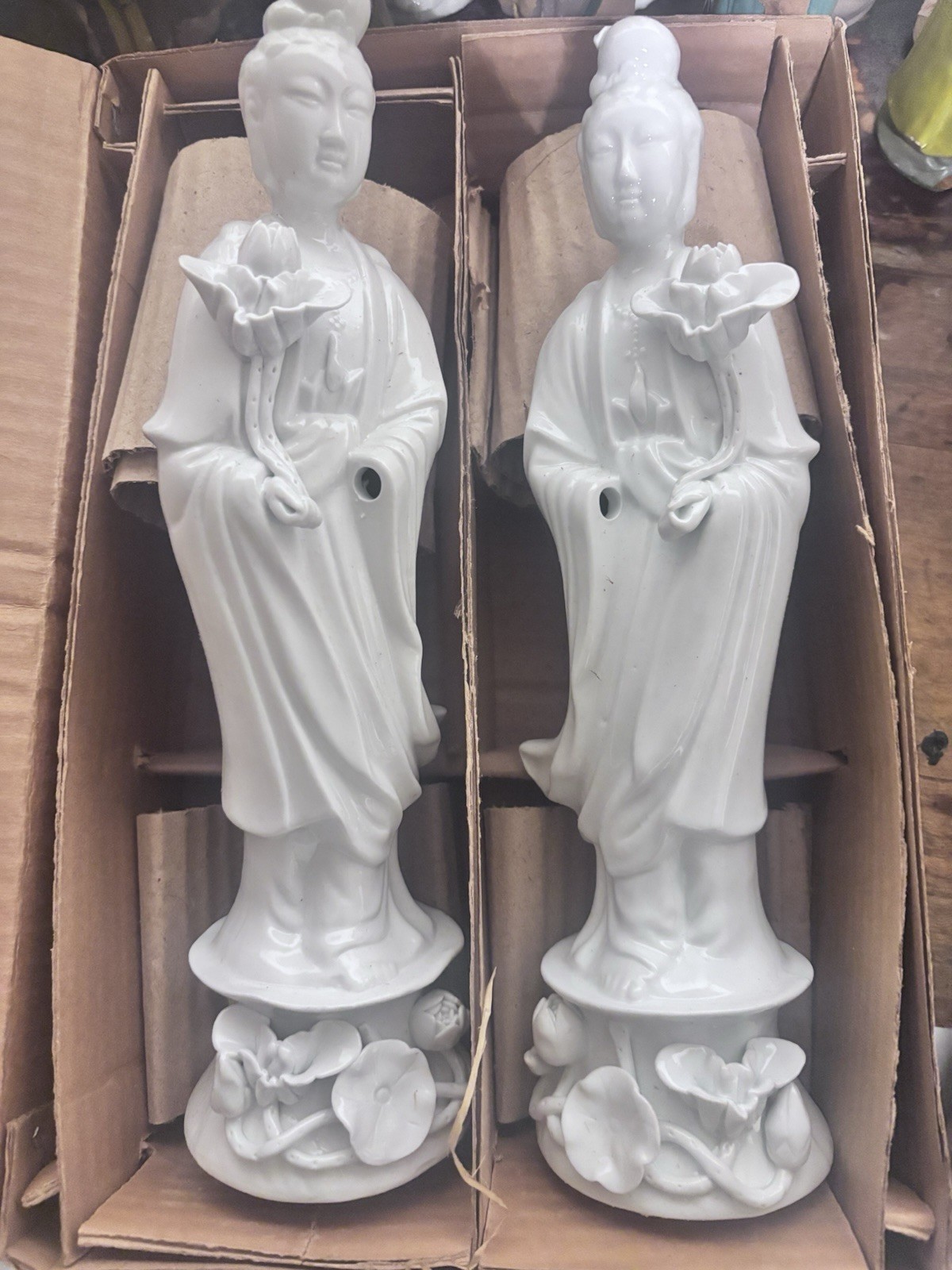 Matching Pair of Chinese Blanc De Chine Guanyin Goddess Figures w/Lotus Flowers