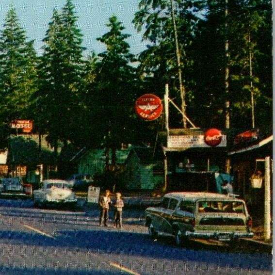 c1950s Rhododendron, OR Postcard Mount Hood Store Market Motel Street View Cars