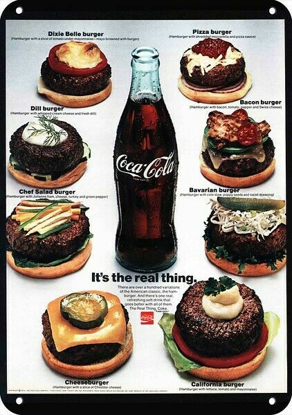 1971 COCA-COLA Coke & Hamburgers & Cheeseburgers DECORATIVE REPLICA METAL SIGN 1971 COCA-COLA Coke & Hamburgers & Cheeseburgers DECORATIVE REPLICA METAL SIGN