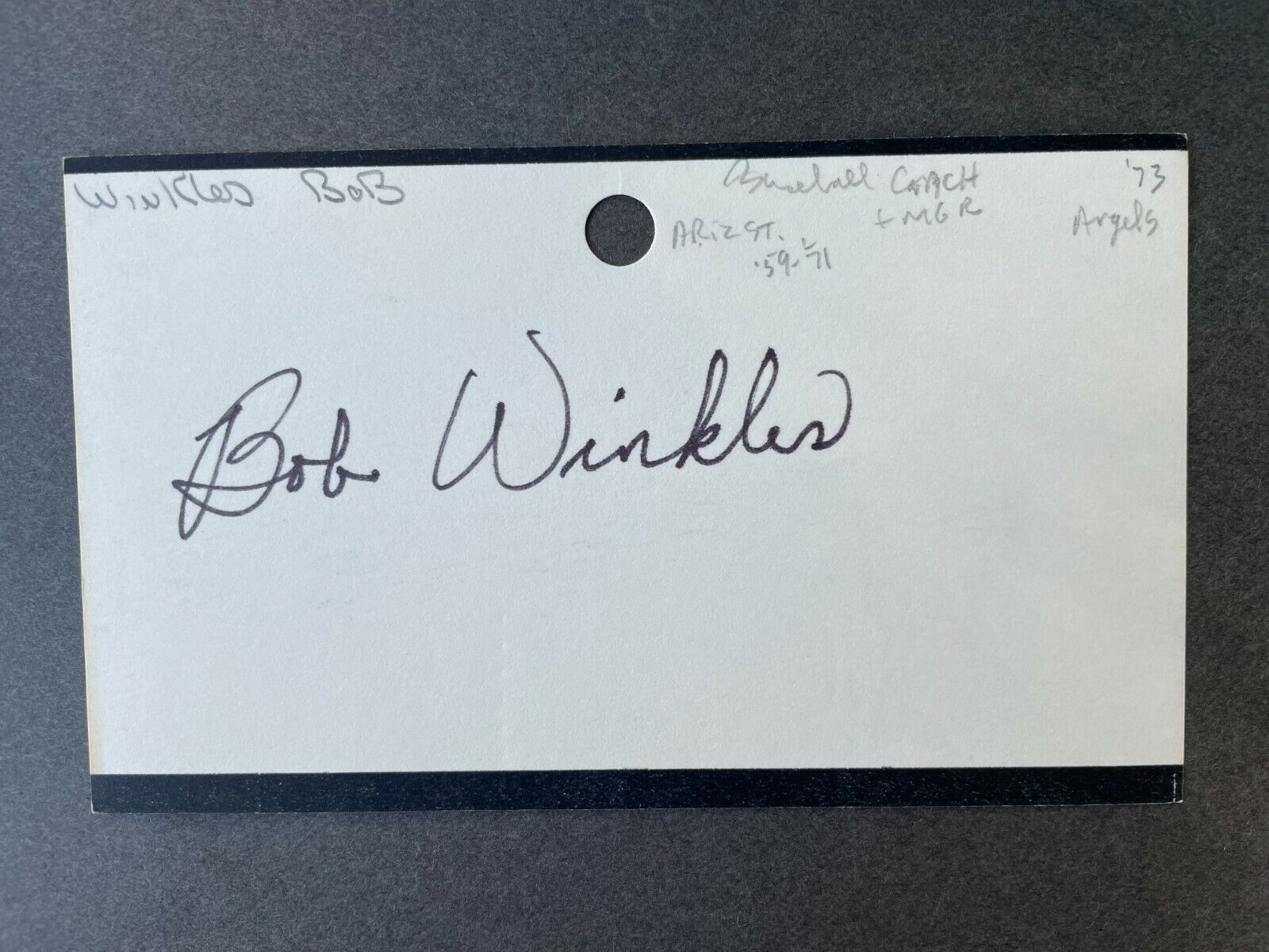 1973 ANGELS: Bobby Winkles, SIGNED 3x5 (BSJ), D.2020