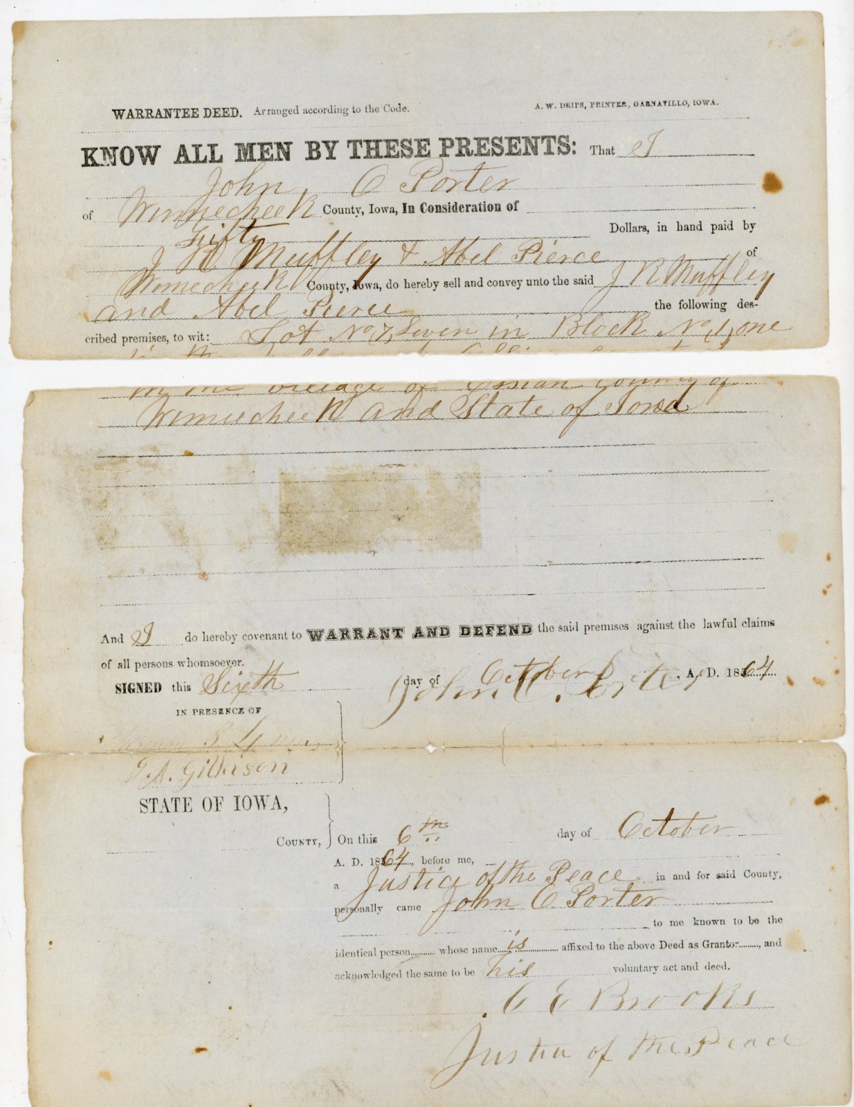 1864 Winneshiek County Iowa Deed John C Porter to Muffley & Pierce Ossian Lot