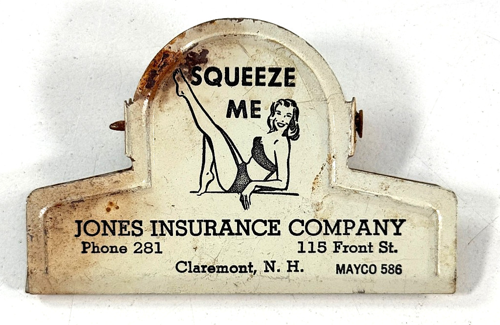 vtg Bikini Pin Up Advertising clip clamp Jones Insurance Claremont NH vtg Bikini Pin Up Advertising clip clamp Jones Insurance Claremont NH