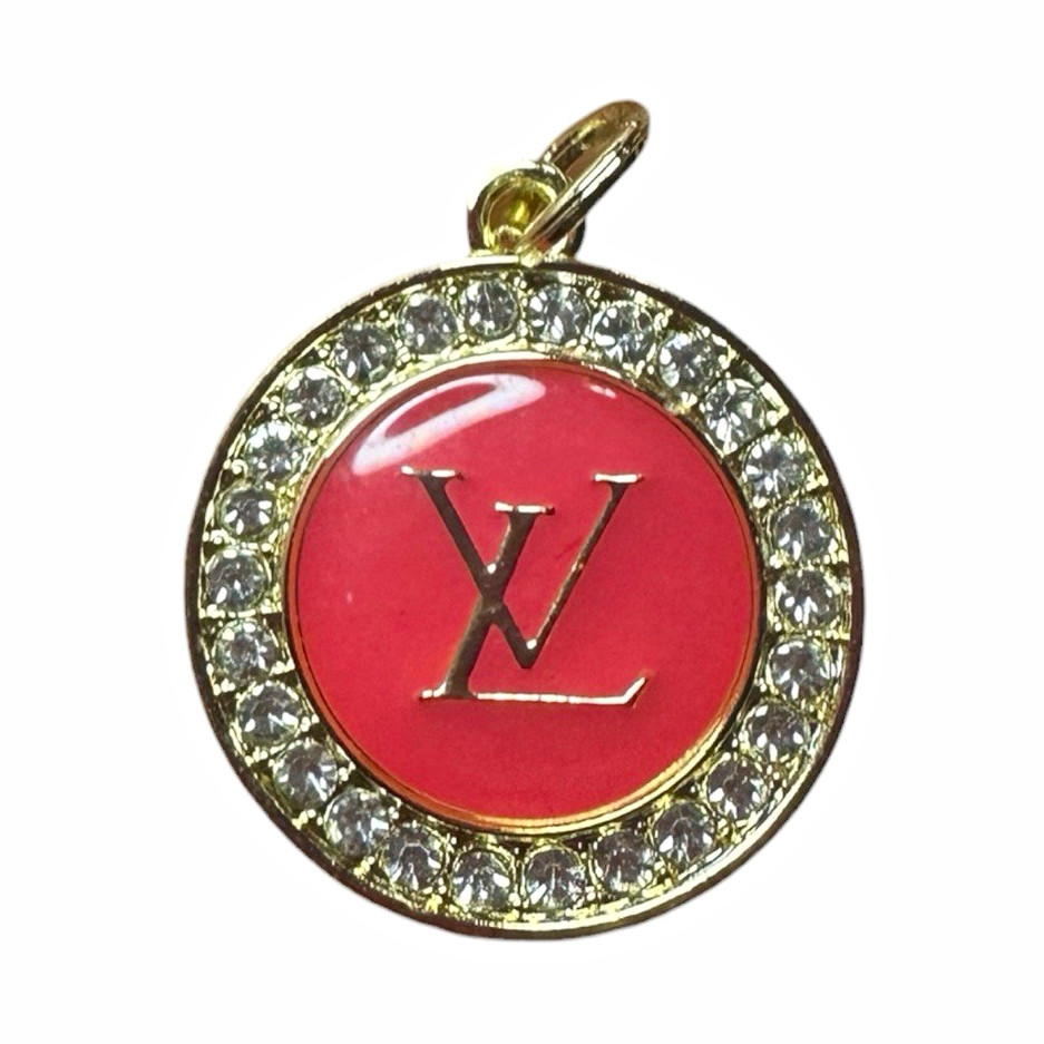 Louis Vuitton Round Dark Pink and Gold Logo Zipper Pull Charm with Clear Stones Louis Vuitton Round Dark Pink and Gold Logo Zipper Pull Charm with Clear Stones
