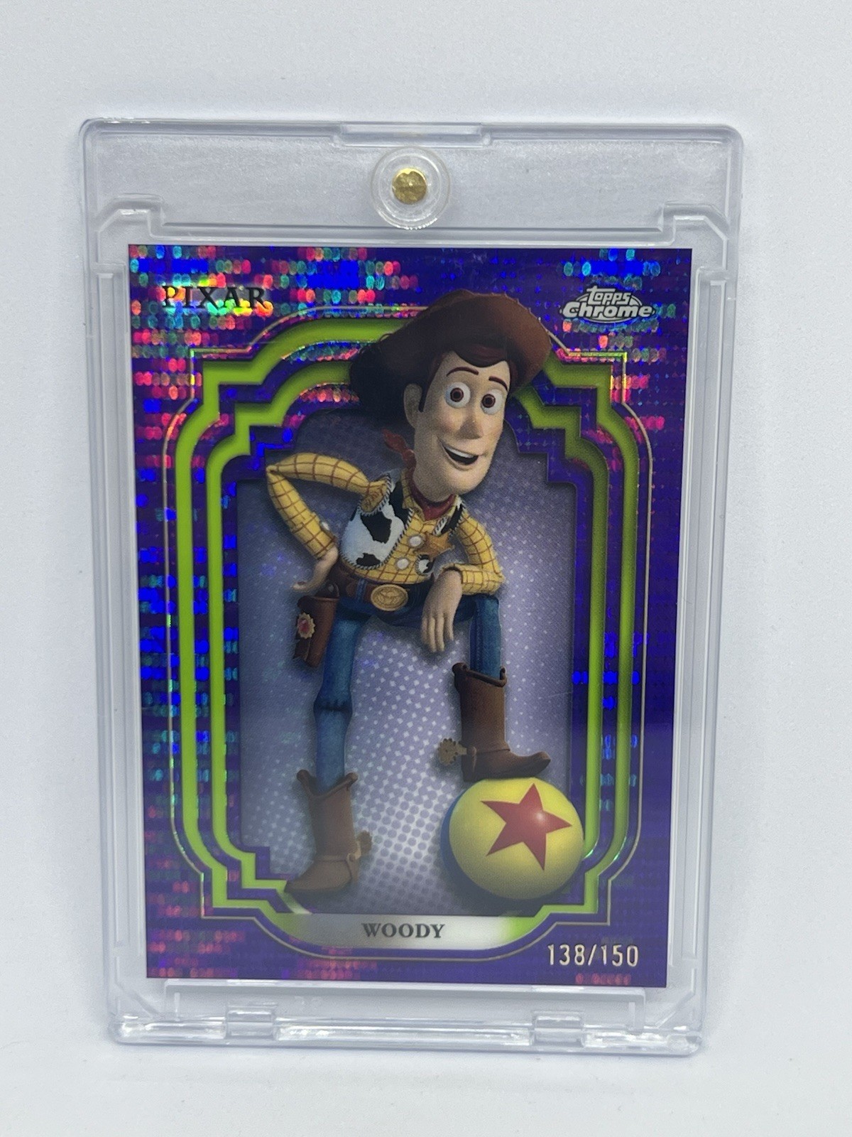 2024 Topps Chrome Disney Woody The Cowboy Purple/green Pulsar Refractor /150 2024 Topps Chrome Disney Woody The Cowboy Purple/green Pulsar Refractor /150