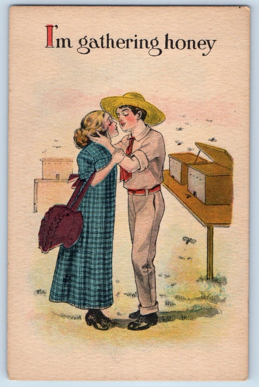Romance Postcard Couple Kissing Good Bye I\'m Gathering Honey c1910\'s Antique