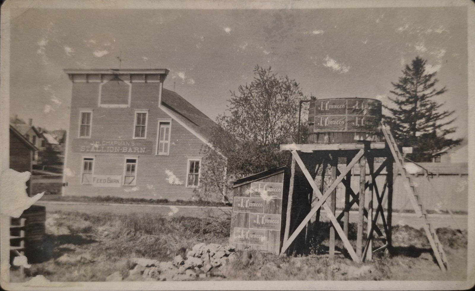RPPC J. H. Chapman Stallion Feed Barn, J. I. Tobacco Water Tower Real Photo PC RPPC J. H. Chapman Stallion Feed Barn, J. I. Tobacco Water Tower Real Photo PC