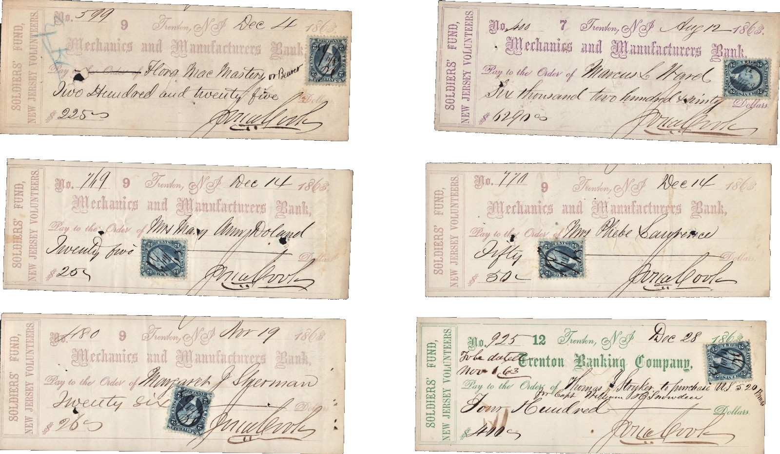 Lot of 6 1863 Civil War Cancelled Checks - Soldier\'s Fund New Jersey Volunteers Lot of 6 1863 Civil War Cancelled Checks - Soldier\'s Fund New Jersey Volunteers