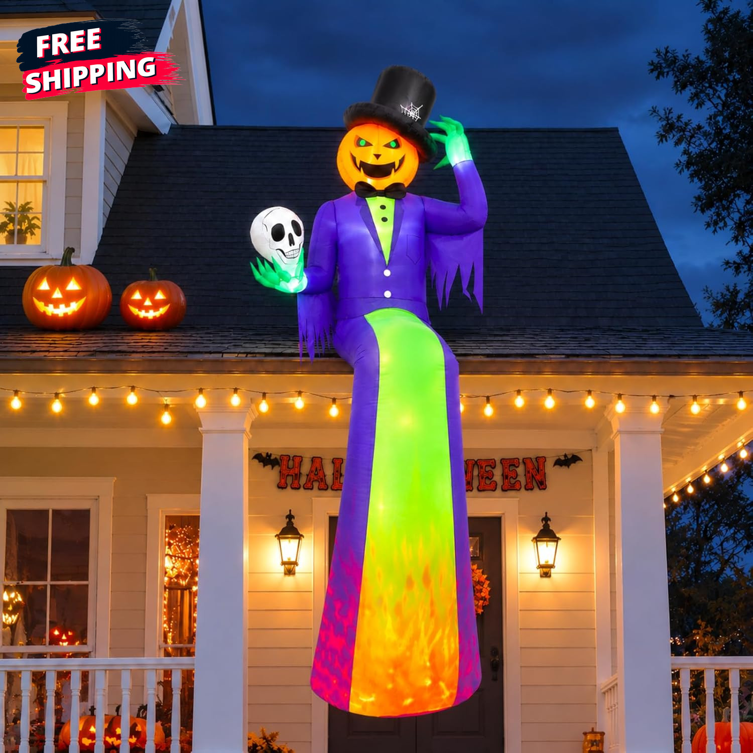 10FT Sitting Halloween Inflatable Pumpkin with Flame Light for Roof Decor
