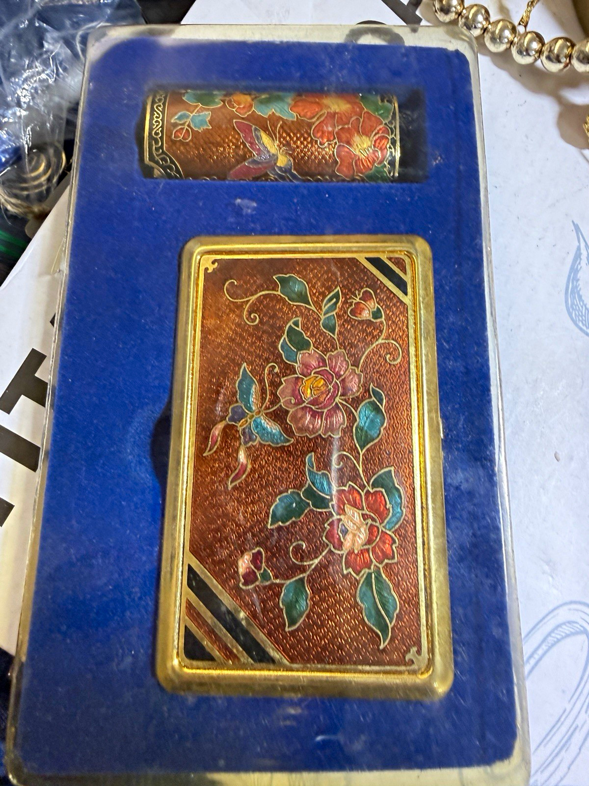 Vintage Floral Metal Tobacco cigarette Case w/ Matching BIC lighter Holder Vintage Floral Metal Tobacco cigarette Case w/ Matching BIC lighter Holder