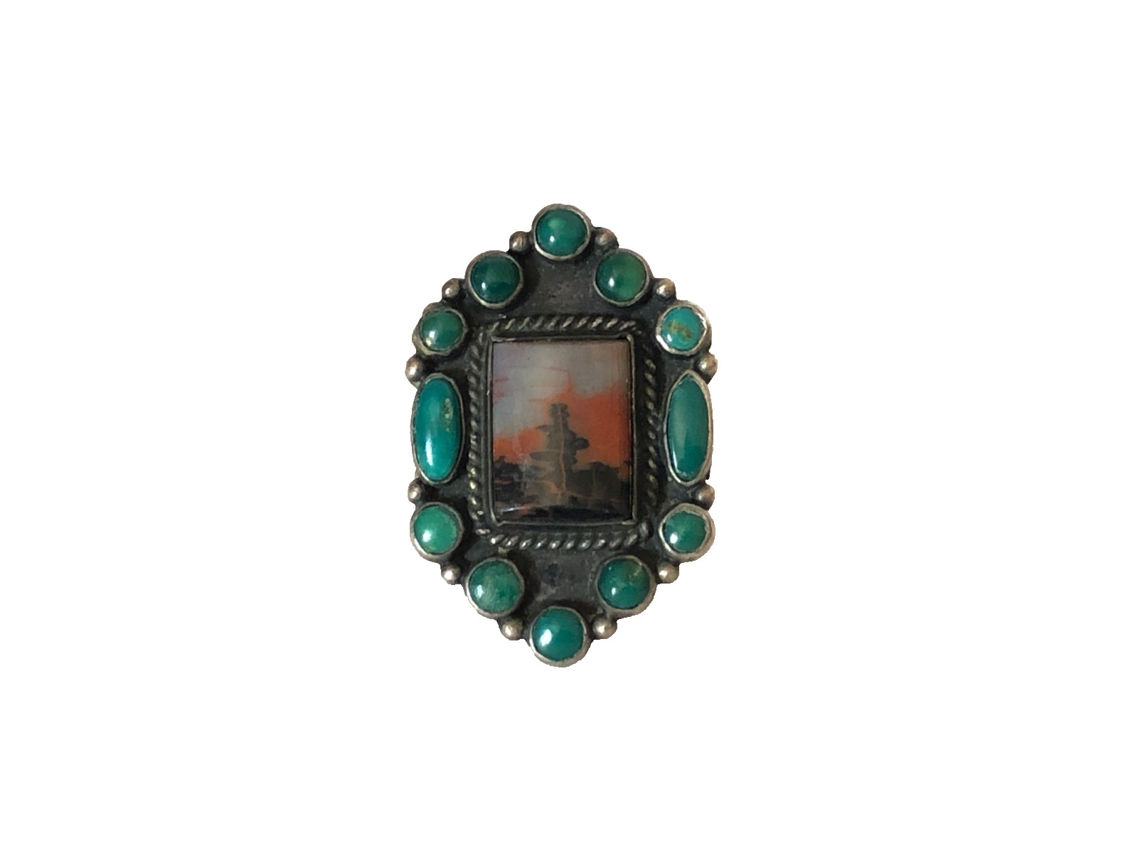 Navajo Turquoise Picture Agate Vintage Ring Sterling Silver 925 Size 7.5 ADJ Navajo Turquoise Picture Agate Vintage Ring Sterling Silver 925 Size 7.5 ADJ