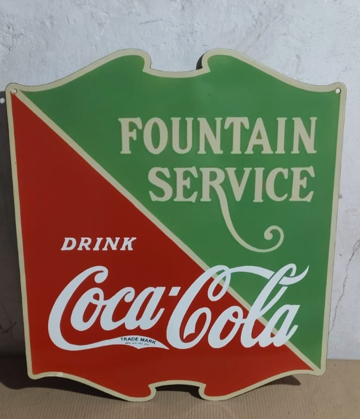 Drink Coca Cola Fountain Service Porcelain Enamel Sign  26 x 22.5 Inches 2 Sided