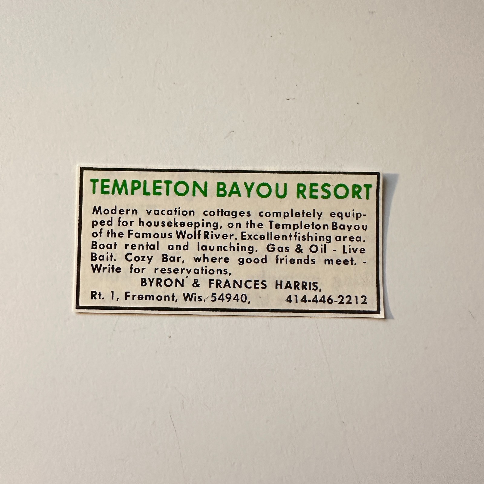Templeton Bayou Resort Rt 1 Byron & Frances Harris Fremont WI 1979 Ad 4AF2-S49 Templeton Bayou Resort Rt 1 Byron & Frances Harris Fremont WI 1979 Ad 4AF2-S49