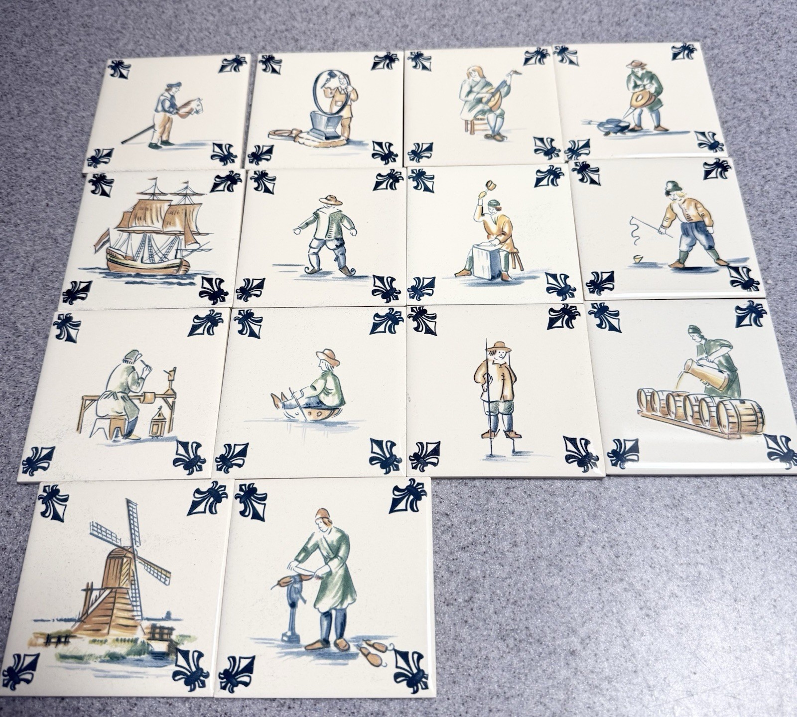 Lot of 14 Vintage KLM Business Class Delft Polychrome Tile Coasters Trades,Ships