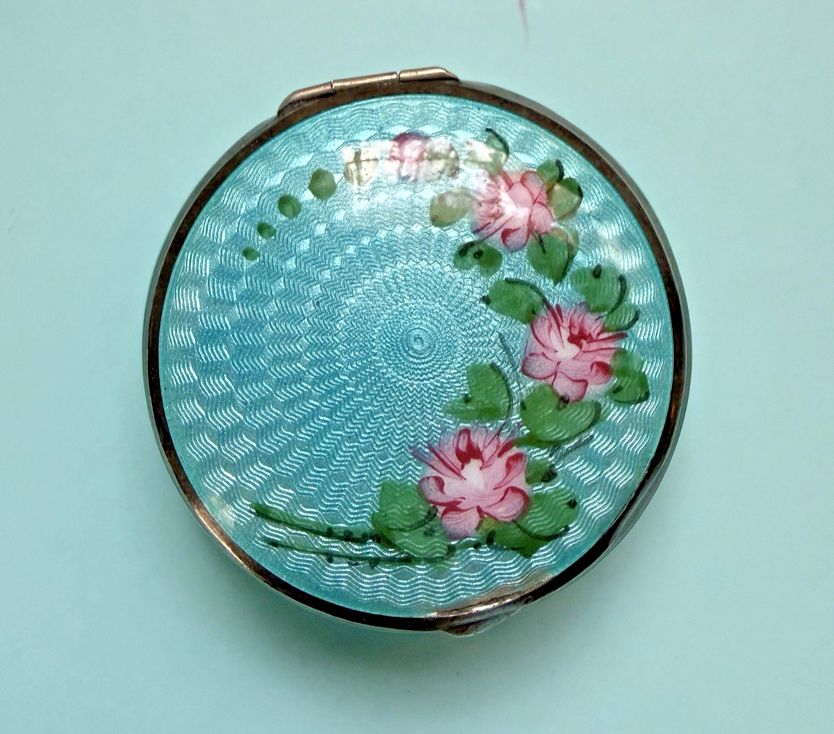 Vtg Antique Sterling & Aqua Blue Guilloche Enamel Compact w Floral Roses Design Vtg Antique Sterling & Aqua Blue Guilloche Enamel Compact w Floral Roses Design