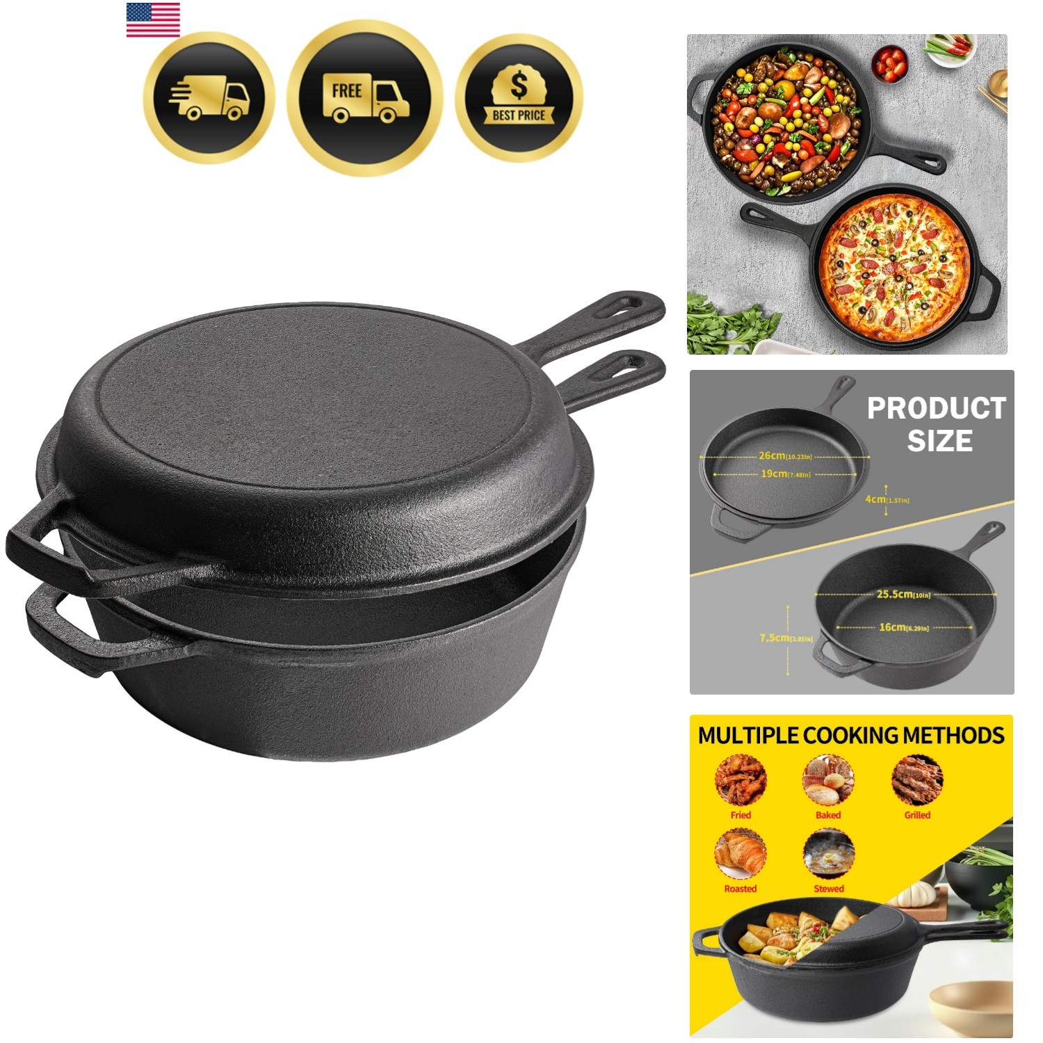 2 in 1 Cast Iron Dutch Oven Pot with Skillet Lid Pre Seasoned Multi Cooker fo... 2 in 1 Cast Iron Dutch Oven Pot with Skillet Lid Pre Seasoned Multi Cooker fo...