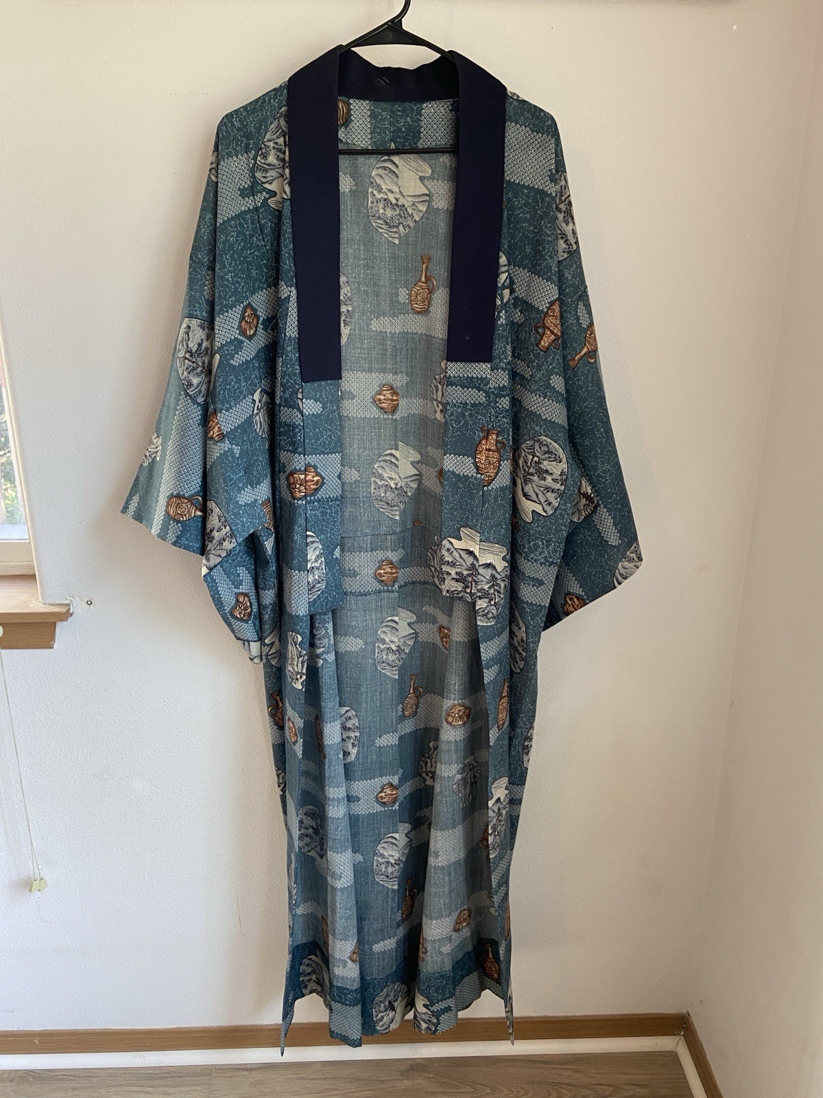 Vintage Mid-Century Japanese Kimono Blue Vases Pattern Vintage Mid-Century Japanese Kimono Blue Vases Pattern
