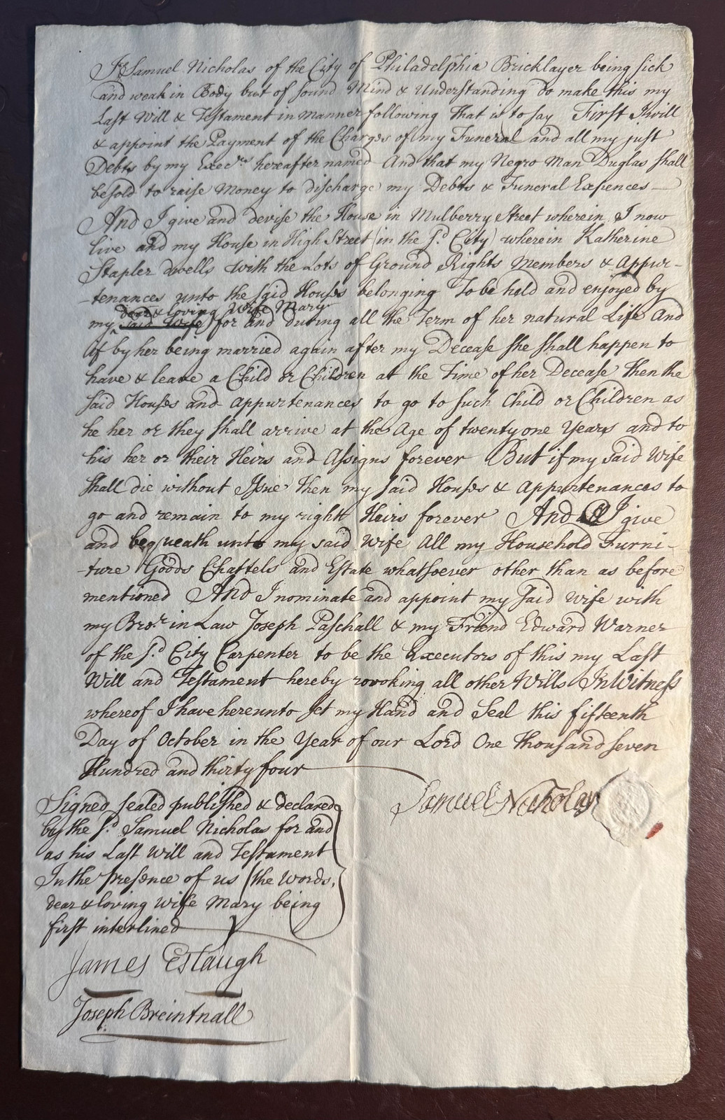 1734 Philadelphia Will Signed by Joseph Breintnall — Ben Franklin’s Junto &