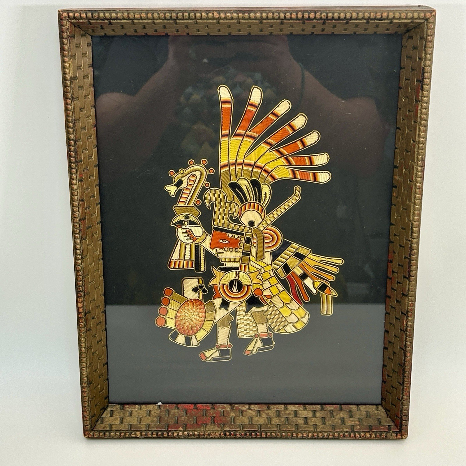 Mexican Popotillo Straw Art Huitzilopochtli Aztec War God Framed 1960s Vintage Mexican Popotillo Straw Art Huitzilopochtli Aztec War God Framed 1960s Vintage