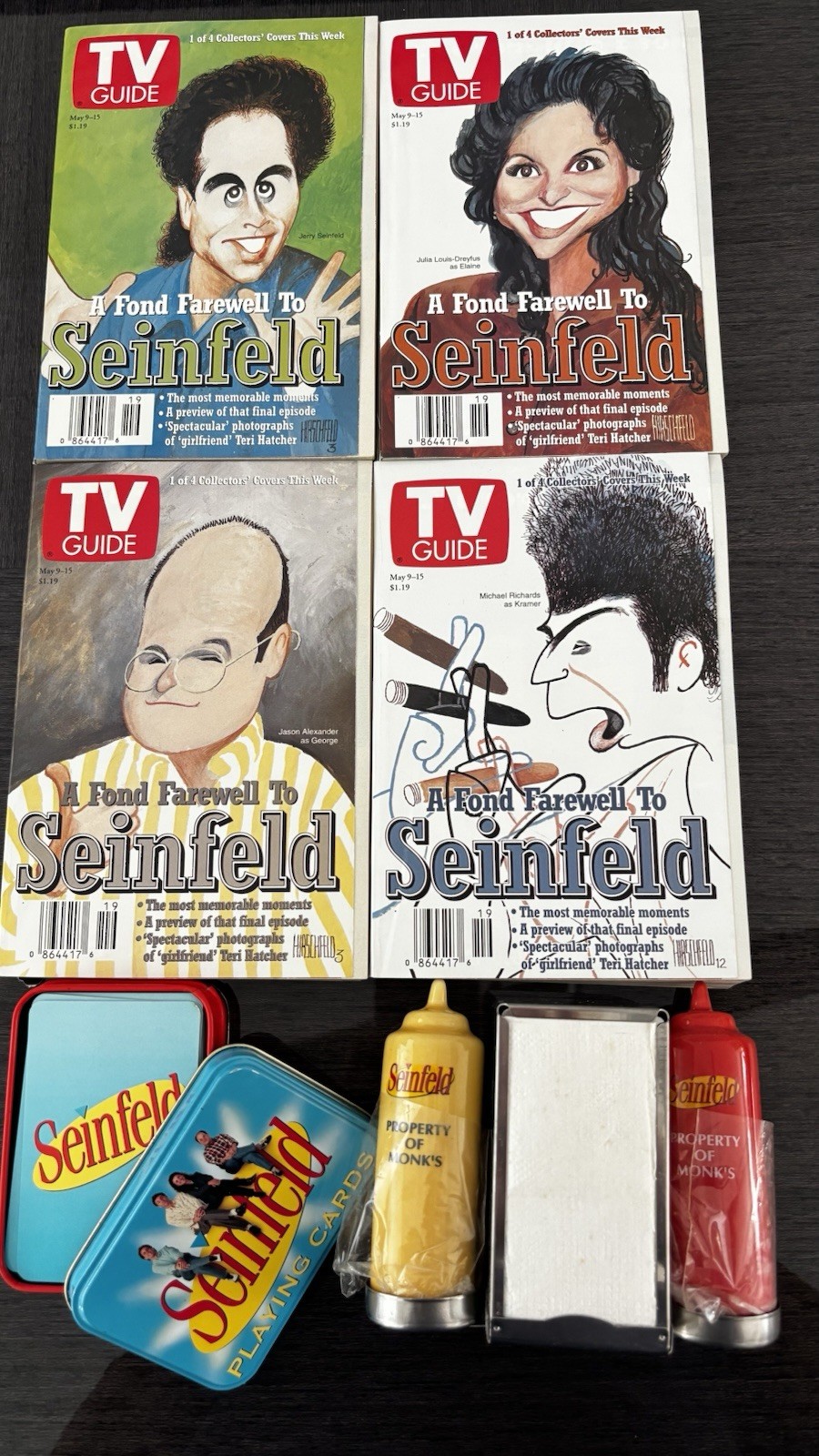 Seinfeld Collector Lot 1998 TV Guide Set of 4 + Monks Cafe Memorabilia NIB