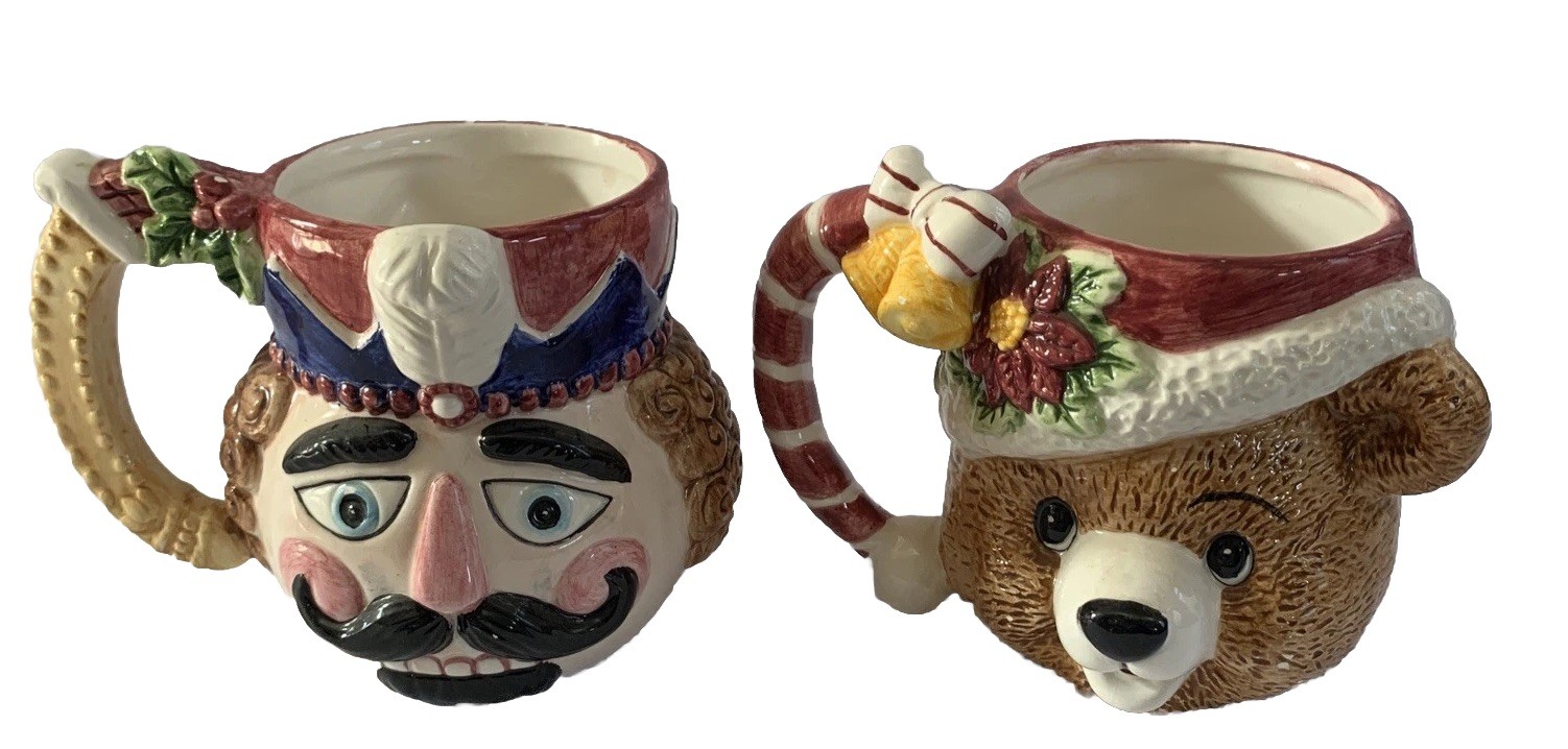 2 Vtg Xmas Mugs Nutcracker Soldier & Teddy Bear Santa Hat Vase Candy Planter 4” 2 Vtg Xmas Mugs Nutcracker Soldier & Teddy Bear Santa Hat Vase Candy Planter 4”