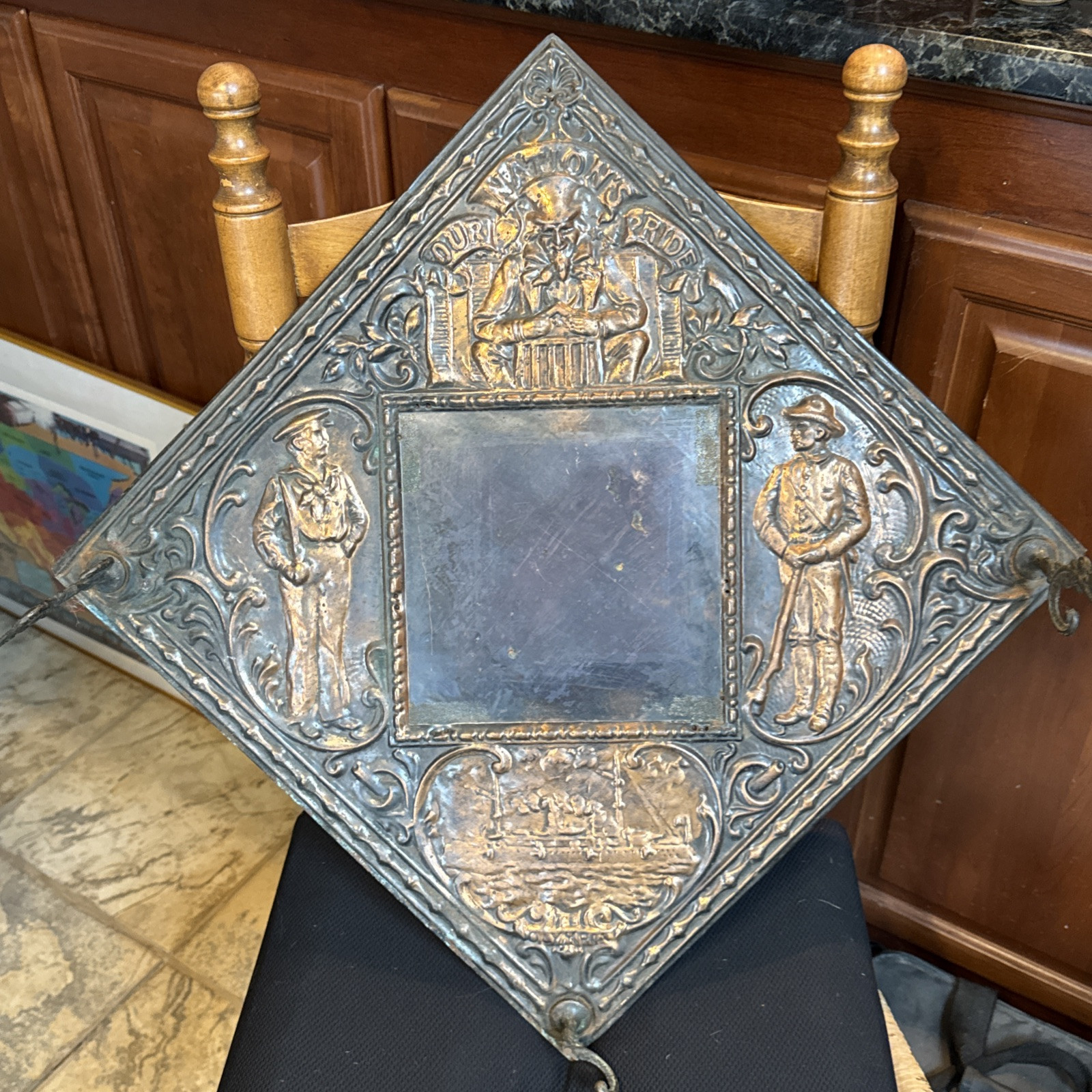 1890s Antique USS OLYMPIA Our Nations Pride Hammered Copper On Wood Mirror RARE 1890s Antique USS OLYMPIA Our Nations Pride Hammered Copper On Wood Mirror RARE