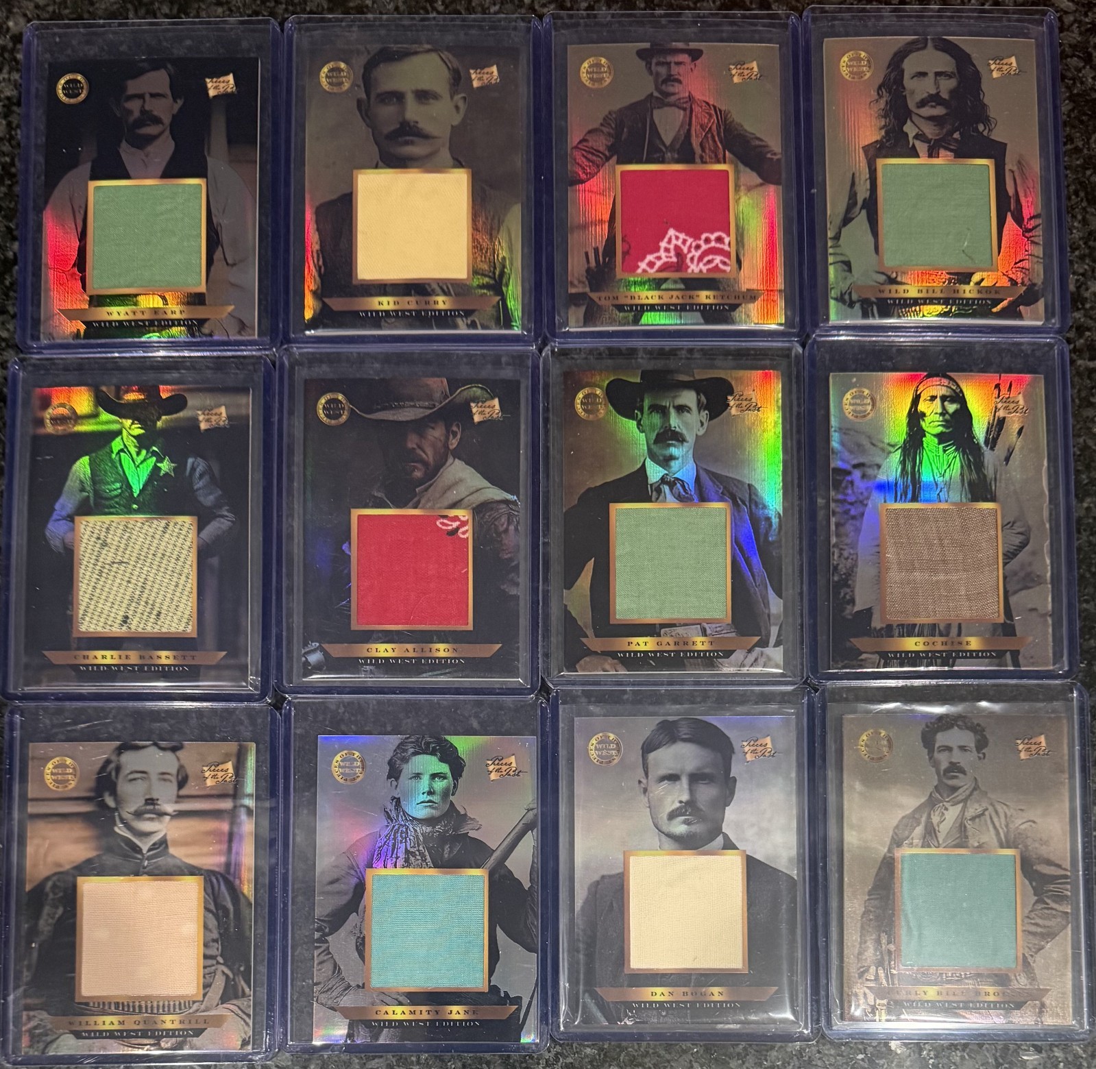 Wild West Pieces of the Past Cloth Relics Set - Wyatt Earp, Pat Garret, Cochise Wild West Pieces of the Past Cloth Relics Set - Wyatt Earp, Pat Garret, Cochise
