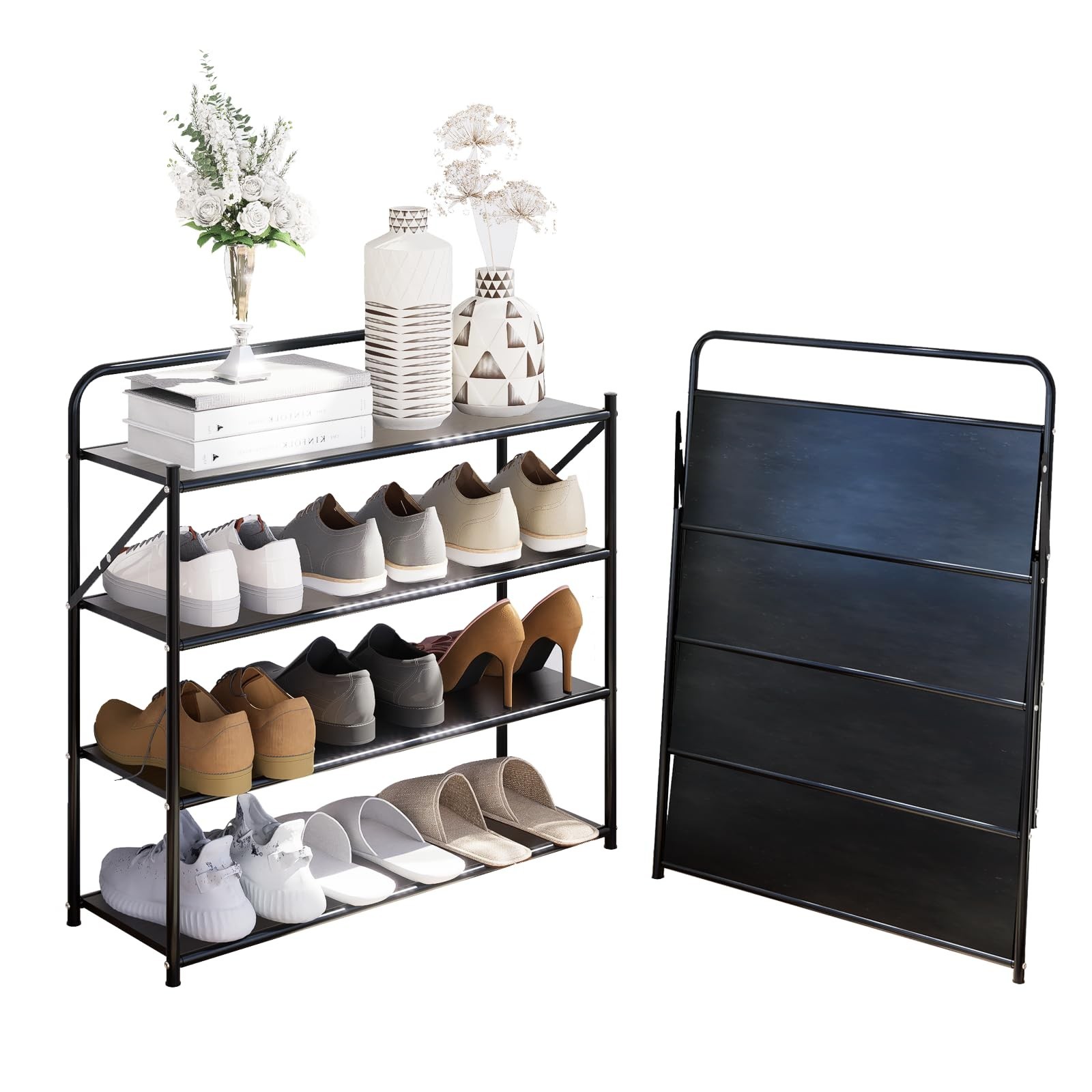 4-Tier Foldable Shoe Rack, No Assembly Shoe Rack with Solid Metal Shelves 4-Tier Foldable Shoe Rack, No Assembly Shoe Rack with Solid Metal Shelves