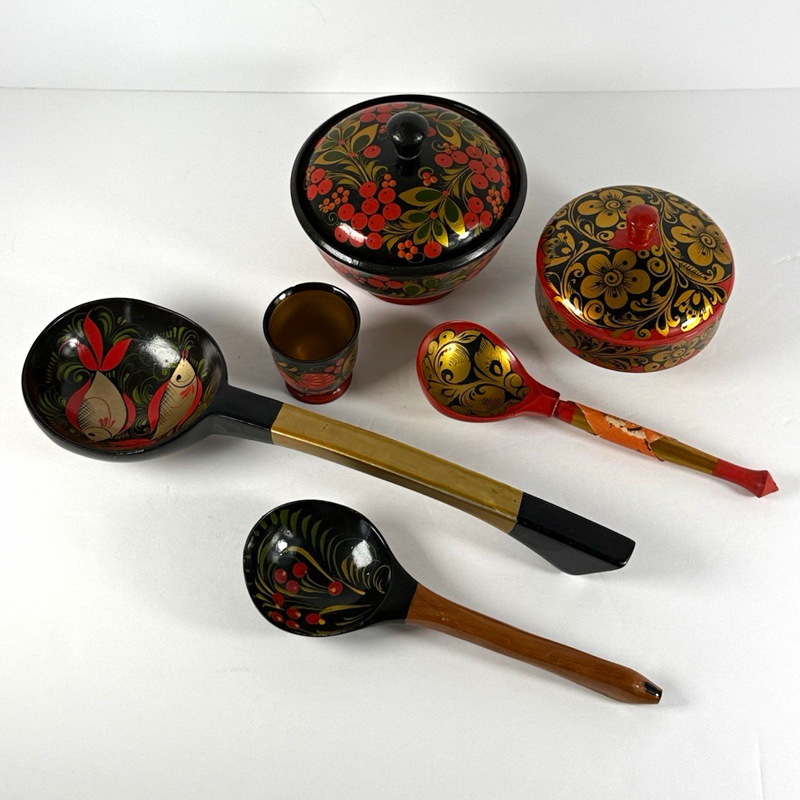 Vintage USSR Khokhloma 6 Pc Hand Painted Wooden Folk Art Set Made in USSR Vintage USSR Khokhloma 6 Pc Hand Painted Wooden Folk Art Set Made in USSR