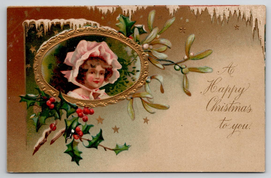 Happy Christmas Victorian Girl Portrait Gilded c1906 Frederick MD Postcard K45 Happy Christmas Victorian Girl Portrait Gilded c1906 Frederick MD Postcard K45