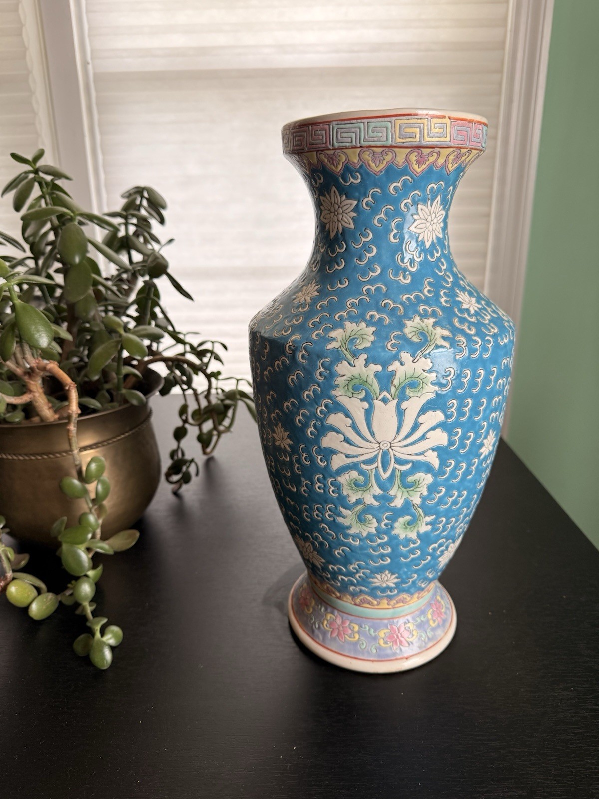 15” Vintage Chinese-Style Turquoise Enamel Decorative Vase – Chinoiserie 15” Vintage Chinese-Style Turquoise Enamel Decorative Vase – Chinoiserie