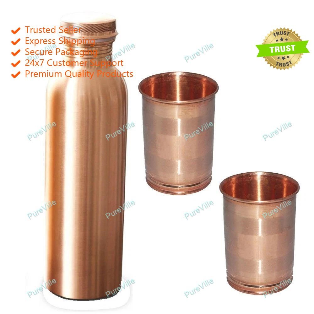 Vintage Pure Copper 700ml Plain Water Bottle and 2 Glass Health Ayurveda Leak