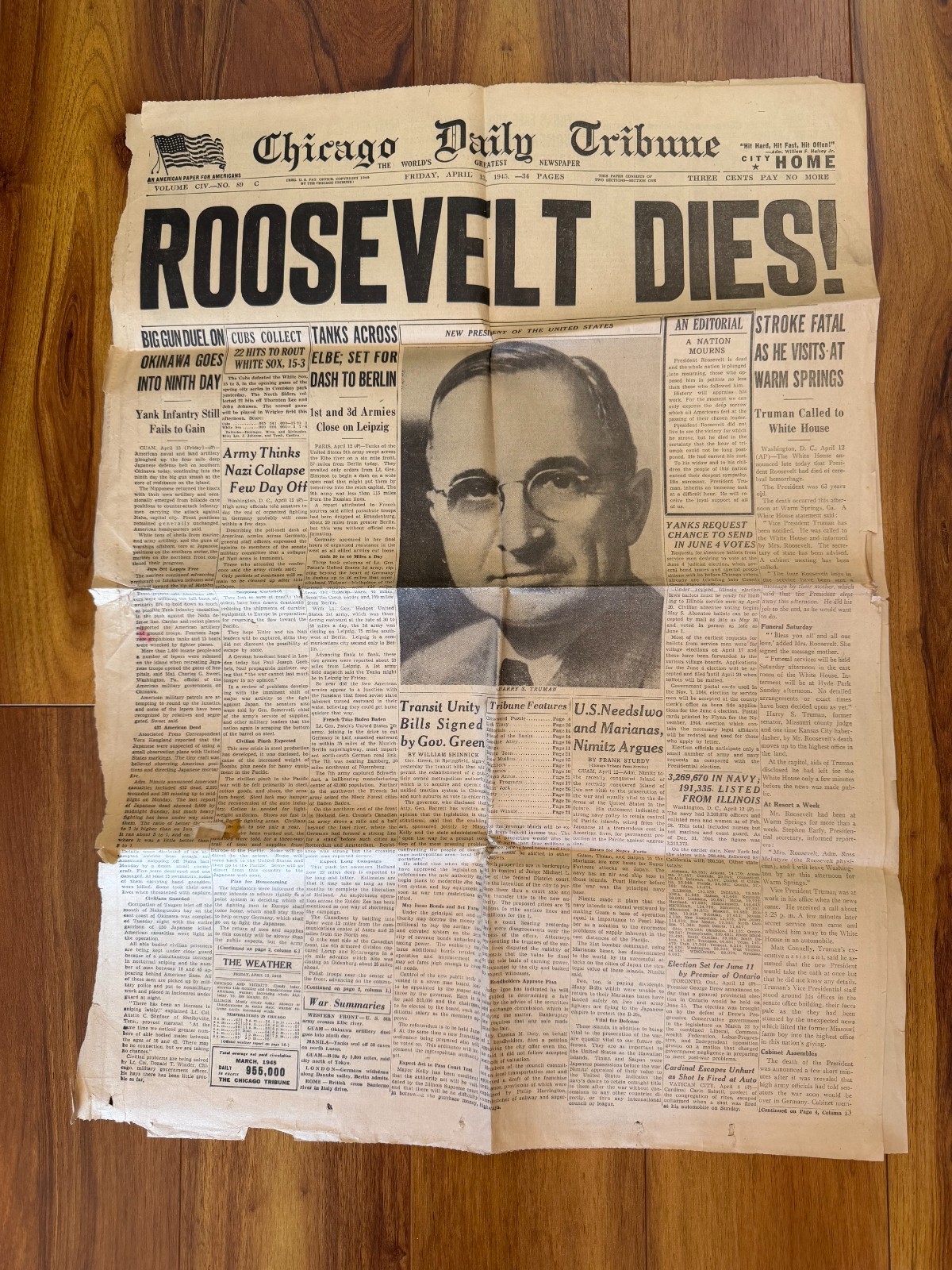 Chicago Daily Tribune ROOSEVELT DIES Newspaper April 13, 1945 Chicago Daily Tribune ROOSEVELT DIES Newspaper April 13, 1945