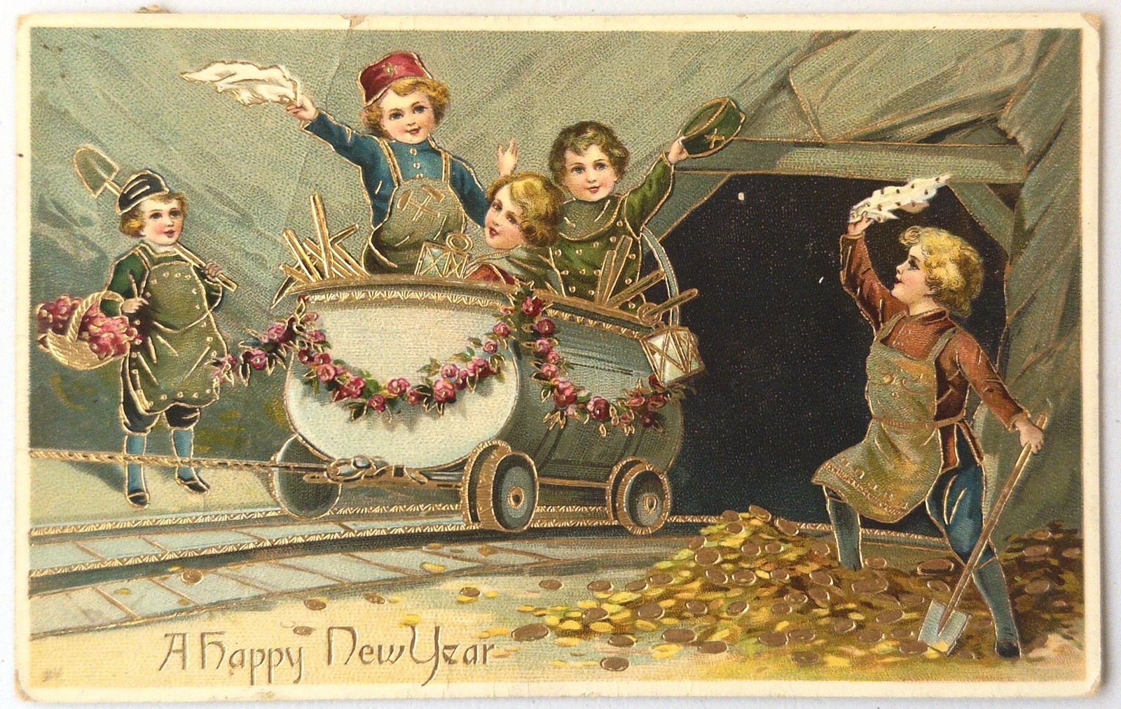Vintage Embossed Happy New Year Children Mine Cart Gold Coins Postcard 1911 Vintage Embossed Happy New Year Children Mine Cart Gold Coins Postcard 1911