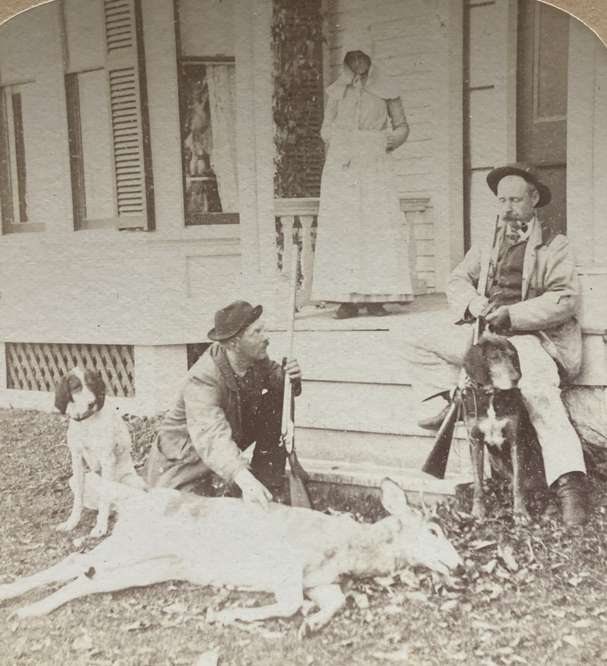 1891 Hunters Hunting Dogs Guns Albino Deer Smoking Pipe American Stereoview