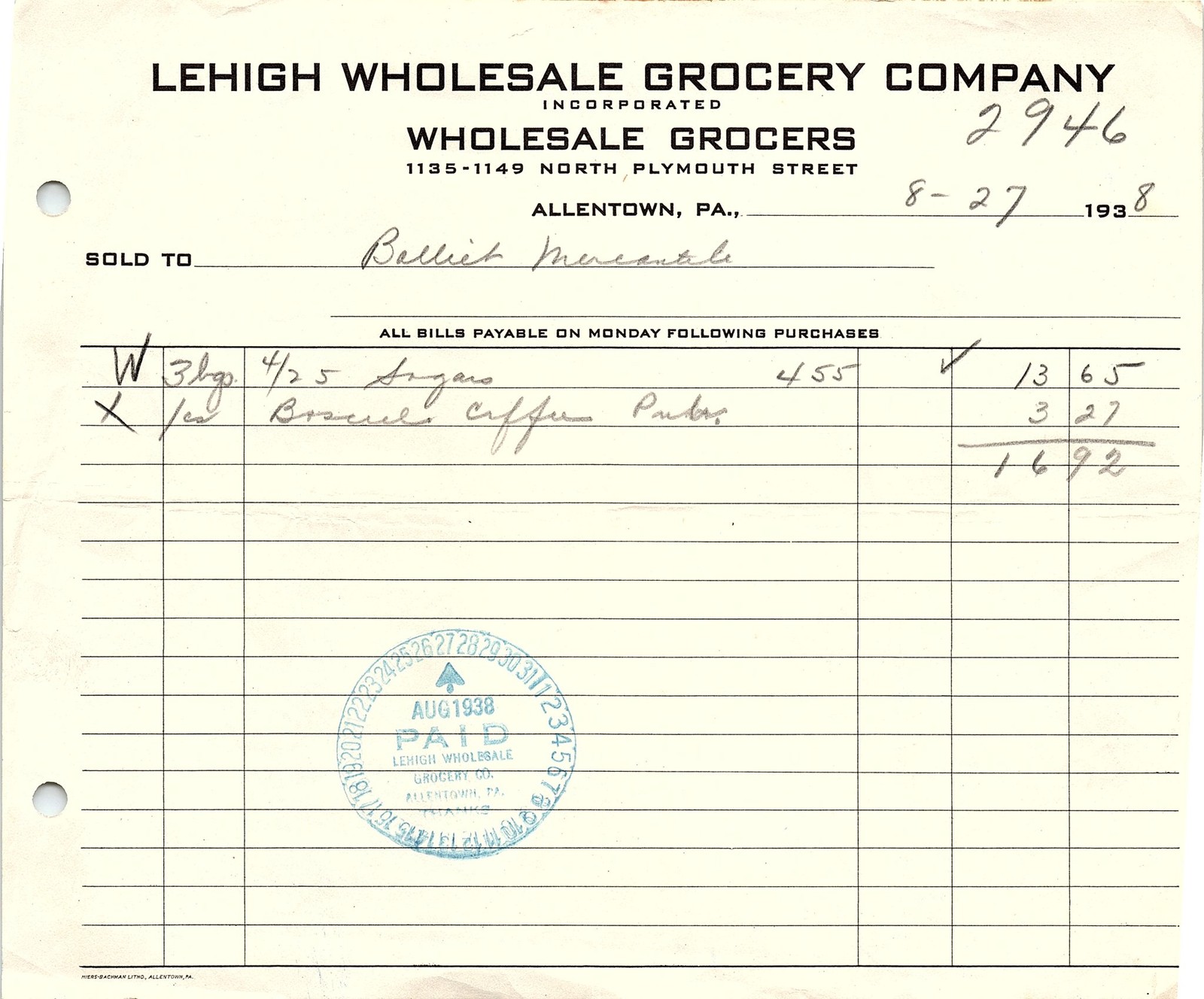 1938 Lehigh Wholesale Grocery Co. Allentown, PA billhead 1938 Lehigh Wholesale Grocery Co. Allentown, PA billhead